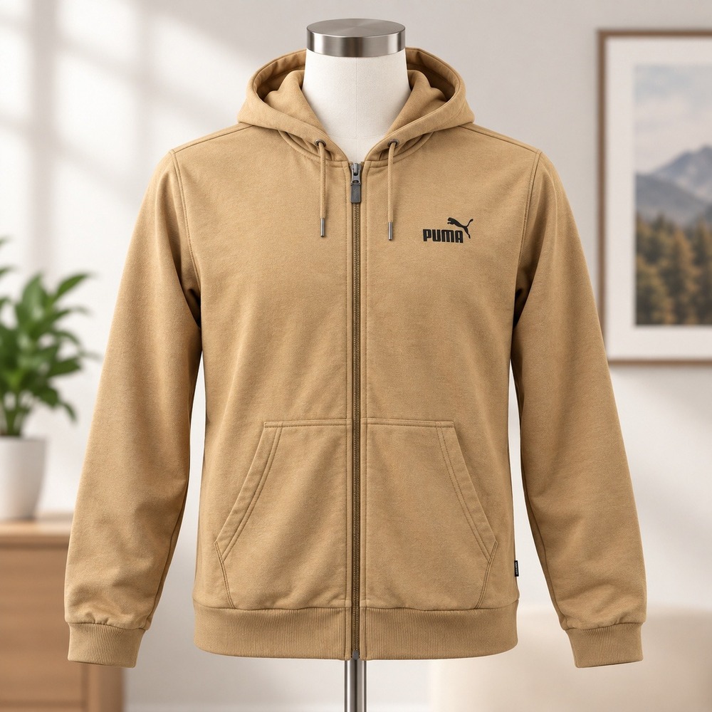 Puma Full Zip Hoodie Mens XL Brown Tan Graphic Logo Athletic Sweatshirt